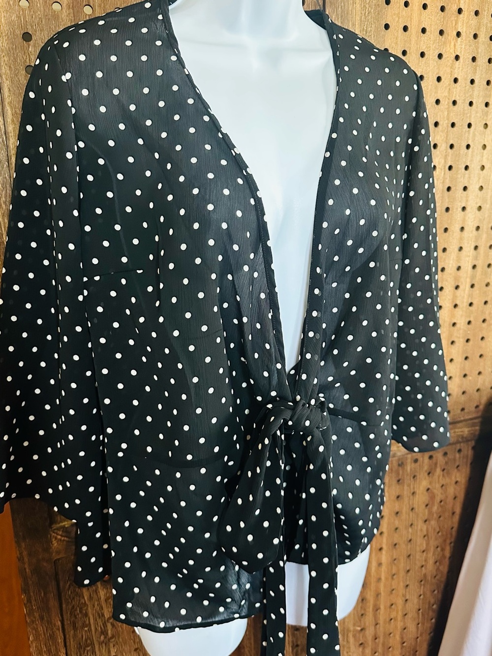 Zara Black and White Polka Dot Tie-Front Blouse Size M